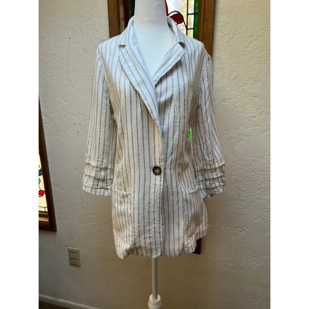 Preppy Chic Halston Women's White Metallic Stripe Linen Blend Blazer Sz Medium